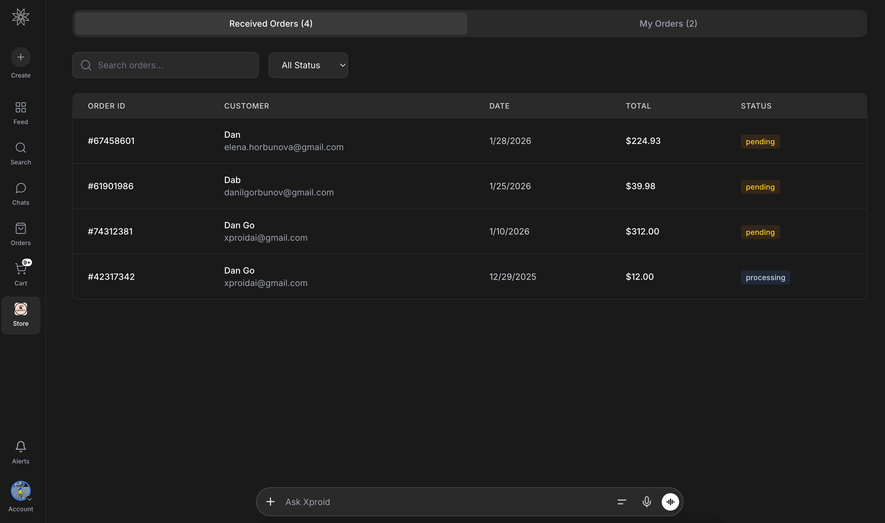 Xproid order management interface