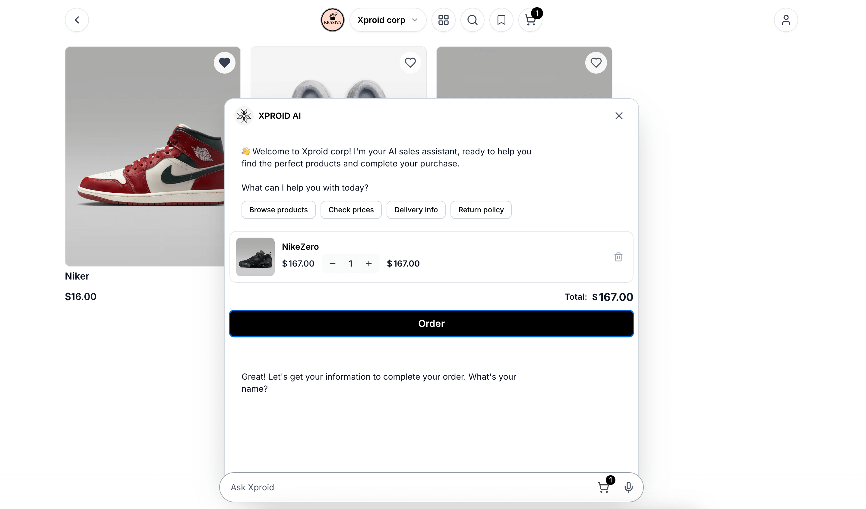 Xproid public page with conversational checkout
